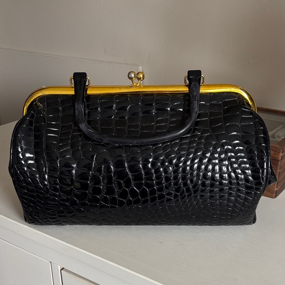 Vintage Black Crocodile-Embossed Handbag